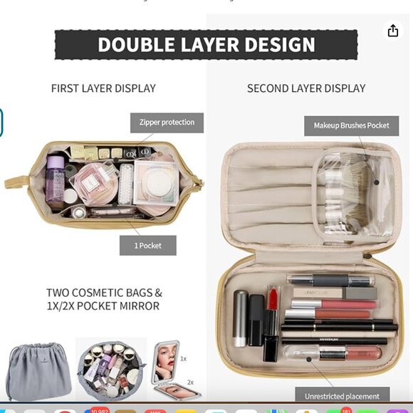 Pocmimut Leather Cosmetic Bag For Women 2-In-1 Portable Drawstring YELLOW - Picture 6 of 8